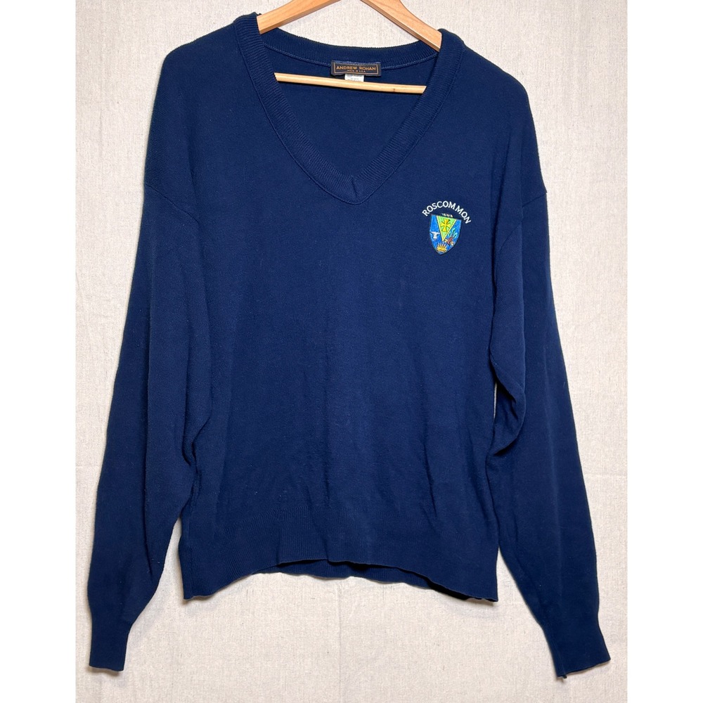Andrew Rohan Mens XL V-Neck Sweater Roscommon‎ Ireland Crest Made in USA Vintage